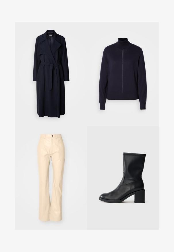 Marineblå trenchcoat med stor krave, lange ærmer, et bundet bælte i taljen og sidelommer. Glat stof med et afslappet pasformdesign.; Marine krave sweater i blødt strikstof, med halv lynlås foran, lange ærmer og en tætsiddende kant. Minimalistisk design uden mønstre.; Beige faux læder fløjsbukser med en glat overflade, der har frontlommer, knaplukning og en subtil shiny finish.; Sort læder ankelstøvle med rund tå, glat tekstur og en grov hæl, der har et tætsiddende skaft og subtil syning.
