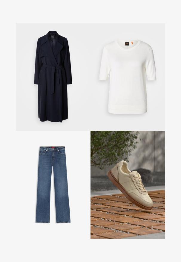 Marineblauwe trenchcoat met een grote kraag, lange mouwen, een strikceintuur in de taille en zijzakken. Glad materiaal met een ontspannen pasvorm.; Witte korte mouw gebreide top met een ronde halslijn, ribbelzoom en zachte textuur. Logotag met oranje accent bij de kraag.; Blauwe denim jeans met rechte pijpen, voorzakken, riemlussen en een knoopsluiting.; Beige leren sneaker met bruine zool zwevend boven een betegeld buitenterrein met verspreide kleine steentjes en groene bladeren op de achtergrond.