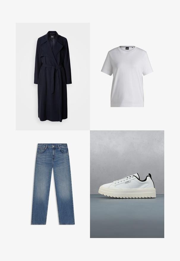 Marineblå trenchcoat med stor krave, lange ærmer, et bundet bælte i taljen og sidelommer. Glat stof med et afslappet pasformdesign.; Hvid bomulds t-shirt med rund halsudskæring, korte ærmer og en afslappet pasform. Har et lille mærke nær kraven.; Lyseblå denimjeans med lige pasform, fem lommer og diskret falmning. Har en standard talje og kontraststing.; Hvide lædersneakers med en chunky, struktureret sål med et tandet design. Sorte detaljer på hælen og tungen giver kontrast.
