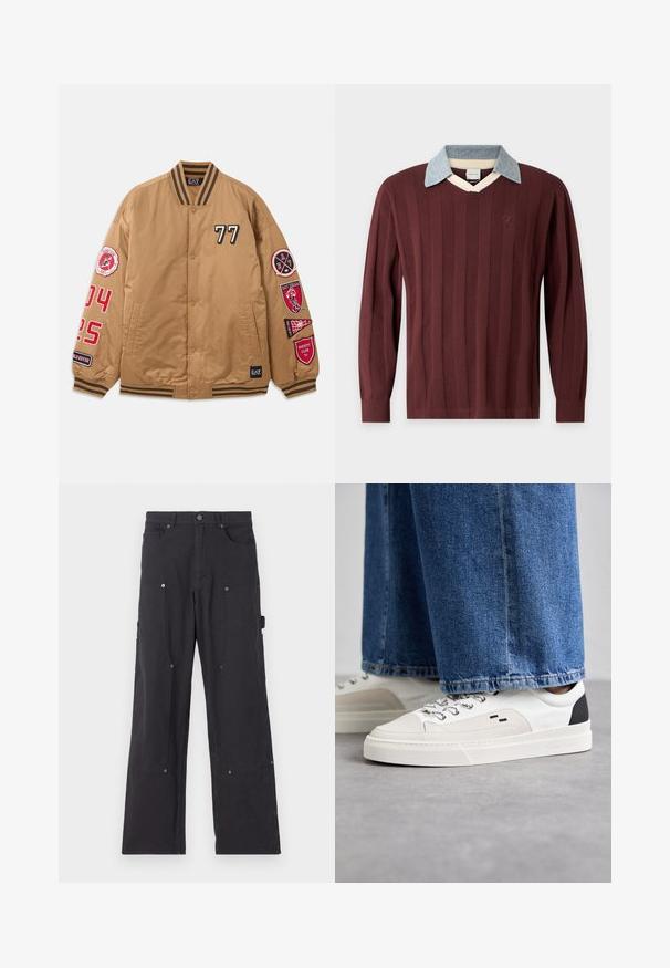 Brun bomberjakke med sorte og røde pletter, herunder '77' og varsity klub grafik. Har stribede manchetter og knaplukning.; Langærmet burgunder sweater med lodrette teksturerede striber, lyseblå strikket krave og cremefarvet V-udskæring.; Sorte cargo-bukser lavet af slidstærkt stof med lige ben-design, der har forlommer, trykknapper og side-nytte lommer.; Hvide og sorte sneakers med en glat læderoverdel, teksturerede detaljer og en kraftig hvid sål. Har et klassisk snørebåndsdesign.