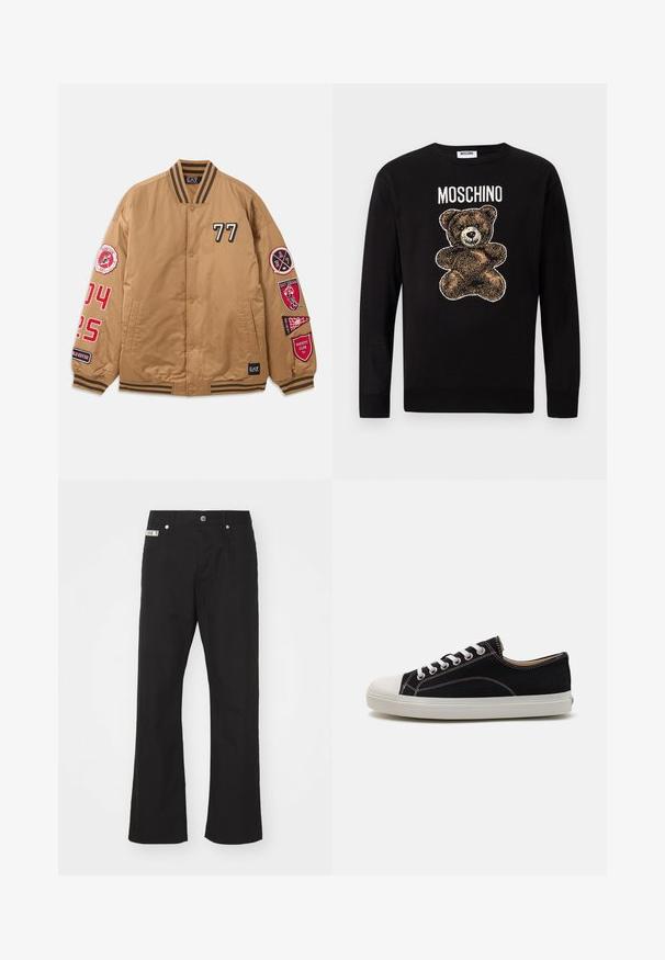 Bruine bomberjack met zwarte en rode patches, inclusief '77' en varsity club graphics. Voorzien van gestreepte manchetten en een drukknoopsluiting.; Zwart trui met lange mouwen met een grafiek van een bruine teddybeer en het woord "MOSCHINO" gedrukt boven de beer op de borst.; Zwarte katoenen broek met een rechte pijpdesign, voorzien van een sluiting met een knoop aan de voorkant, twee zijzakken en een klein merklabel op de tailleband.; Zwarte canvas sneaker met witte rubberen neus en zool, voorzien van witte veters en contrasterende stiksels. Laagprofiel ontwerp.