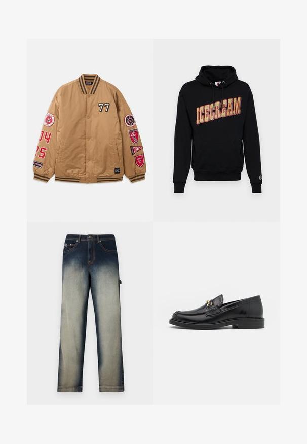 Veste bombardier marron avec des patchs noirs et rouges, y compris le '77' et des graphiques de club universitaire. Comprend des poignets rayés et une fermeture à boutons-pression.; Sweat à capuche noir avec un graphique "ICECREAM" en jaune et rouge, comportant une poche kangourou et une petite icône de glace sur la manche. Matériau en coton.; Jeans en denim avec jambes droites et effet délavé, passant d'un bleu foncé à la taille à un bleu clair sur les jambes, avec poches avant et passants de ceinture.; Mocassins en cuir noir avec un embout rond, présentant des accents en métal doré et des détails de couture, montés sur une semelle en caoutchouc texturé et basse.