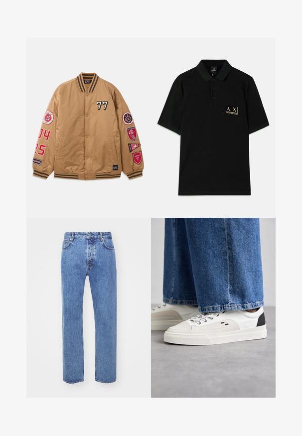 Bruine bomberjack met zwarte en rode patches, inclusief '77' en varsity club graphics. Voorzien van gestreepte manchetten en een drukknoopsluiting.; Zwarte polo shirt gemaakt van katoen, met een drieknoopsluiting en een gouden geborduurd logo op de linkerborst. Korte mouwen, klassieke pasvorm.; Won Hundred STEVE - Relaxed fit jeans - cut blue; Witte en zwarte sneakers met een glad leren bovenwerk, textuuraccenten en een chunky witte zool. Heeft een klassiek vetersluiting ontwerp.