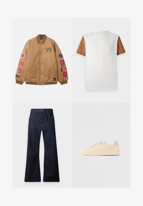 Brun bomberjakke med sorte og røde pletter, herunder '77' og varsity klub grafik. Har stribede manchetter og knaplukning.; Kortærmet T-shirt med hvidt kropp og mønstrede brune ærmer, der har et gentaget design i sort. Detaljeret logo på brystet.; Mørkeblå denim flared jeans med gul syning, fem lommer og lynlåsgylf. Har vandrette sømme over knæene.; Beige lavtop sneaker med snørelukning foran, lyserød sål og grå hællap med mærket "Filling Pieces", vist i profil på ensfarvet baggrund.