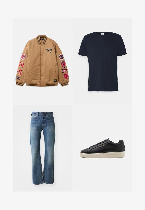 Brun bomberjakke med sorte og røde pletter, herunder '77' og varsity klub grafik. Har stribede manchetter og knaplukning.; Marineblå bomulds t-shirt med rund hals og korte ærmer, med en glat tekstur og enkel design, uden synlige mønstre eller accenter.; Denim jeans med en lys til mellemblå farve, lige ben skæring, klassisk fem-lommer design og subtil falmning foran.; Sorte lædersneakers med en glat finish, kontrasterende cremefarvet sål, rund tå, guld logo på siden og seks huller til snørebånd.