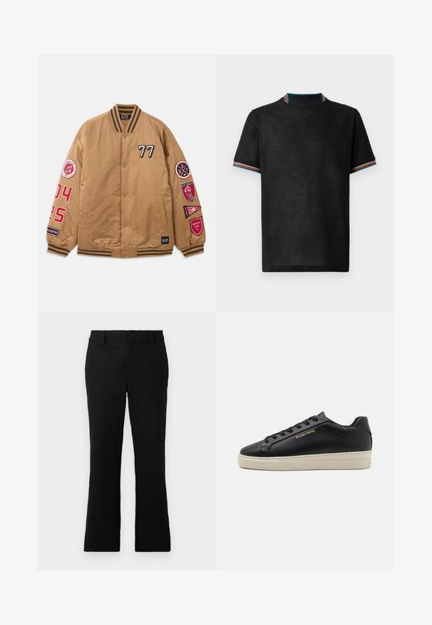 Brun bomberjakke med sorte og røde pletter, herunder '77' og varsity klub grafik. Har stribede manchetter og knaplukning.; Sort kortærmet T-shirt med kontrasterende stribet krave og ærmesømme i rød, blå og hvid. Blødt materiale med en afslappet pasform.; Sorte flagrende bukser lavet af en blanding af bomuldsstof, med knaplukning, bælteløkker og en glat tekstur uden synlige mønstre.; Sorte lædersneakers med en glat finish, kontrasterende cremefarvet sål, rund tå, guld logo på siden og seks huller til snørebånd.