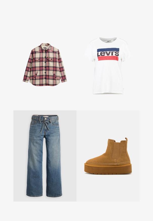 Geruite flanellen overhemd in crème, rood, paars en geel. Heeft twee borstzakken, zwarte knopen en een ronde zoom.; Witte katoenen t-shirt met korte mouwen en een ronde hals, met een centraal ontwerp van het Levi's-logo in blauw, rood en zwart.; Lichtblauwe wijdlopende spijkerbroek van denim, met een trekkoord in de taille, twee voorzakken en subtiele vervaging voor textuur.; Even&Odd Wide Fit Snowboots - cognac