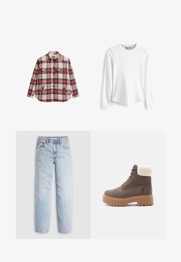 Geruite flanellen overhemd in crème, rood, paars en geel. Heeft twee borstzakken, zwarte knopen en een ronde zoom.; Witte langesleeve geribde t-shirt met een ronde halslijn. Heeft een losse pasvorm en een zachte textuur, waardoor het een veelzijdige en ademende optie biedt.; Lichtblauwe spijkerbroek met hoge taille, losvallende pasvorm, rechte pijpen en een klassiek ontwerp met vijf zakken. Zichtbare vervaging en stikseldetails.; Bruine leren enkelboots met een witte nepbont kraag, ronde neus en een stevige rubberen zool met profielgroeven. Logo op de zijkant gecast.