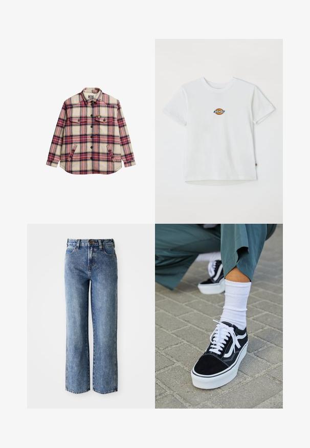 Geruite flanellen overhemd in crème, rood, paars en geel. Heeft twee borstzakken, zwarte knopen en een ronde zoom.; Witte katoenen t-shirt met een rond logo met meerkleurige accenten. Korte mouwen en een ronde halslijn, met een klein label aan de onderkant.; Hoge taille rechte spijkerbroek van blauw denim met zijzakken, ceintuurlussen en knoopsluiting.; Zwarte suède sneaker met witte accenten en veters, uitgerust met een dikke witte zool en contrasterende stiksels, gecombineerd met een witte sok.