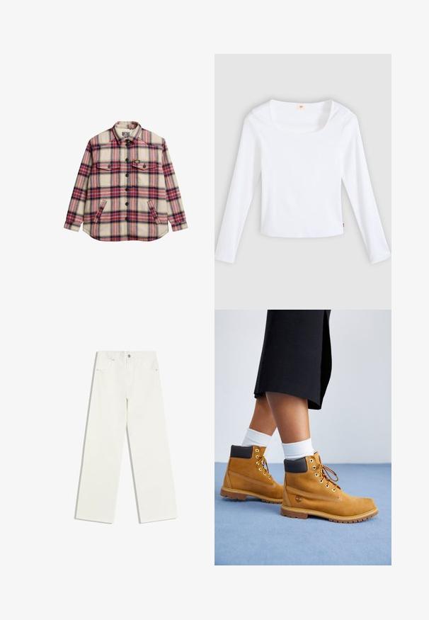 Geruite flanellen overhemd in crème, rood, paars en geel. Heeft twee borstzakken, zwarte knopen en een ronde zoom.; Witte longsleeve t-shirt van geribbelde stof, met een vierkante halslijn en een aansluitend model, voorzien van een klein logotag aan de zijkant.; Witte jeans met hoge taille en rechte pijpen, met voorzakken en een knoopsluiting op een witte achtergrond.; Tan suède enkellaarsjes met bruine leren accenten, gouden oogjes en een getextureerde zool. Witte sokken zichtbaar boven de laarsjes.