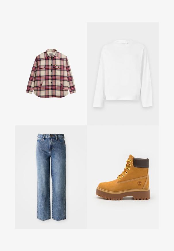 Geruite flanellen overhemd in crème, rood, paars en geel. Heeft twee borstzakken, zwarte knopen en een ronde zoom.; Gina Tricot Longsleeve - white; Hoge taille rechte spijkerbroek van blauw denim met zijzakken, ceintuurlussen en knoopsluiting.; Tan waterdichte enkelboot met een stevige rubberen zool, ronde neus, bruine leren kraag, gele veters en een logo aan de zijkant.