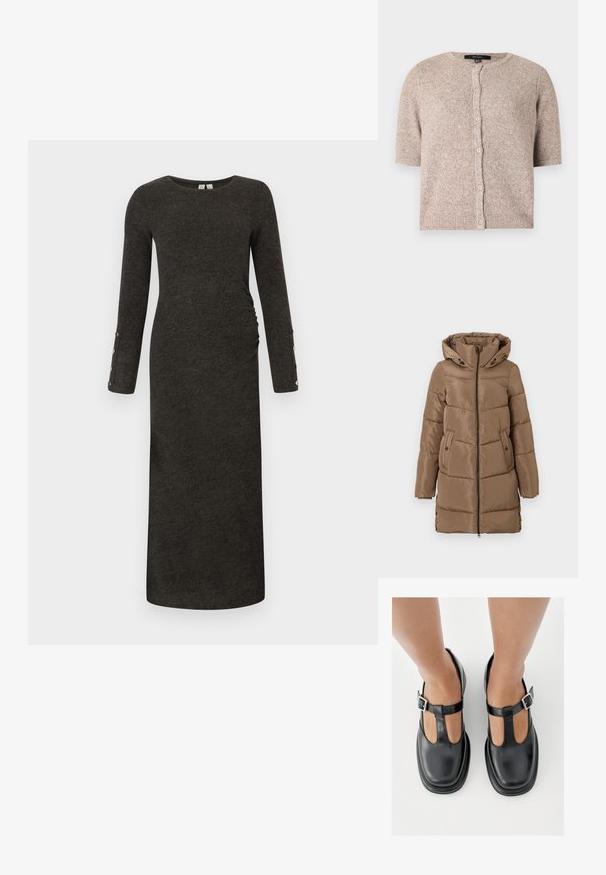 Lang brun polstret frakke med hætte, lynlås foran, sidelommer med knapper og justerbare sideskuffer i kanten, præsenteret på hvid baggrund.; Kort beige cardigan med korte ærmer, ribbet kant og rund halsudskæring, lavet af blødt strikstof.; Langærmet, mørkegrå ribbet kjole med en tætsiddende silhuet og sidelæg. Har knapdetaljer på ærmekanterne, blød tekstur.; Sorte lædersko med T-rem-design, lukket tå og sølvfarvede spændeaccenter. Glat tekstur med rundet tå og flad sål.