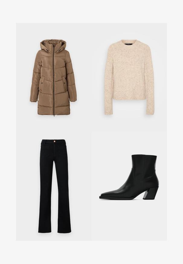 Lang brun polstret frakke med hætte, lynlås foran, sidelommer med knapper og justerbare sideskuffer i kanten, præsenteret på hvid baggrund.; Beige strikket sweater med rund hals, ribbede ærmer og kant, der har en blød, tekstureret finish med prikker af mørkere farver.; Sorte højtaljede lige ben jeans med frontlomme og kobberknaplukning på en neutral baggrund.; Sortlæder ankelstøvle med spids tå, en slank silhuet og en kraftig firkantet hæl. Glat tekstur med minimale stikninger.
