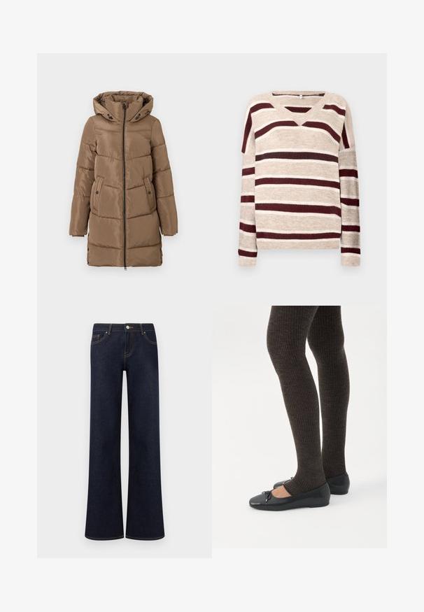 Lang brun polstret frakke med hætte, lynlås foran, sidelommer med knapper og justerbare sideskuffer i kanten, præsenteret på hvid baggrund.; V-hals sweater i beige med mørkerøde og cremefarvede striber. Har lange ærmer og ribkant. Blød tekstur og afslappet pasform.; Mørkeblå vidde denimjeans med forlommer, knap- og lynlåslukning samt synlige kontrastsyninger.; Ben iført mørke ribbede leggings kombineret med sorte balletsko med små sløjfedetaljer på hvid baggrund.