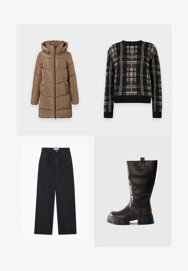Langer brauner gepolsterter Mantel mit Kapuze, Frontreißverschluss, seitlichen Taschen mit Knöpfen und verstellbaren Seitenschlaufen am Saum, auf weißem Hintergrund präsentiert.; Schwarzer Strickpullover mit beigem und weißem Karomuster, Rundhalsausschnitt, langen Ärmeln sowie gerippten Bündchen und Saum.; Schwarze hoch geschnittene, weit geschnittene Jeans aus Denim mit Vorderknopf- und Reißverschluss, Gürtelschlaufen und fünf Taschen.; Hohe schwarze Lederstiefel mit kräftiger schwarzer Plateausohle und braunem Akzent an der Ferse, seitliche Ansicht auf hellem grau Hintergrund.