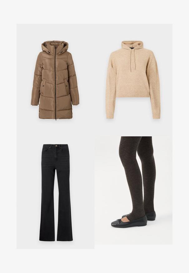 Lang brun polstret frakke med hætte, lynlås foran, sidelommer med knapper og justerbare sideskuffer i kanten, præsenteret på hvid baggrund.; Beige cropped striktrøje med lange ærmer og snorhætte, præsenteret på en hvid baggrund.; Sorte højtaljede denim jeans med foran knap, bæltestropper og let udvidede ben mod en hvid baggrund.; Ben iført mørke ribbede leggings kombineret med sorte balletsko med små sløjfedetaljer på hvid baggrund.
