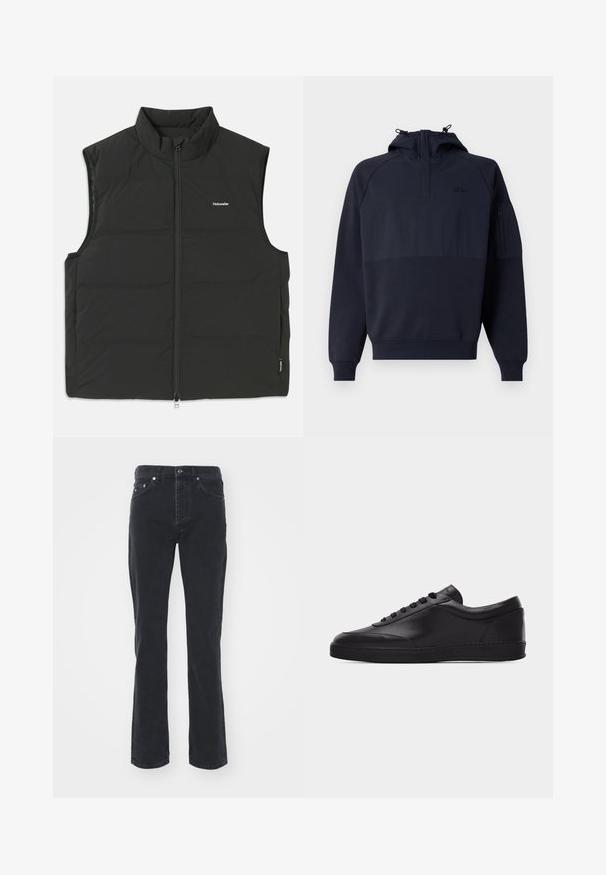 Sort puffer vest med høj krave, lynlås lukning og uden ærmer. Letvægtsstof med synlige syninger og et lille logo på brystet.; Navyblå hættetrøje med halv lynlås, der har en kængurulomme og en lomme med lynlås på ærmet. Fremstillet i blødt, tekstureret stof.; Sorte denimjeans med lige ben-design, der har fem lommer og knappelukning. Stoffet har en subtil tekstur og en robust overflade.; Sort lavtstående lædersneaker med snørebånd foran og flad gummisål, vist fra siden på en ensartet hvid baggrund.