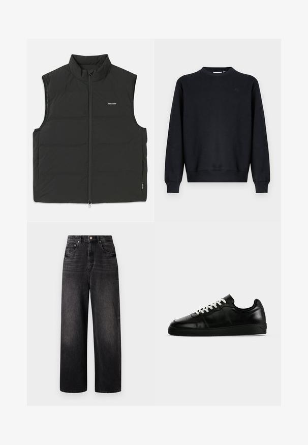 Sort puffer vest med høj krave, lynlås lukning og uden ærmer. Letvægtsstof med synlige syninger og et lille logo på brystet.; Sort sweatshirt lavet af bomuldsblend. Rund halsudskæring, lange ærmer, ribstrikkede manchetter og kant. Diskret logo på brystet.; Sorte denim jeans med løstsiddende pasform, høj talje, fem lommer og synlig knaplukning. Har diskret falmning og lige ben design.; Sort lavtsiddende lædersneaker med hvide snørebånd, en flad sort sål og diskrete syningsdetaljer, vist i sideprofil på en grå baggrund.