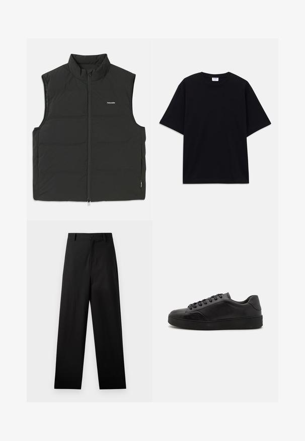 Sort puffer vest med høj krave, lynlås lukning og uden ærmer. Letvægtsstof med synlige syninger og et lille logo på brystet.; Sort oversized T-shirt med korte ærmer og rund halsudskæring, med synlig Filippa K mærke indeni kraven.; Sorte bukser lavet af bomuld med lige ben-design, der har en frontknaplukning og sidelommer. Glat tekstur, ingen mønstre.; Sorte lædersneakers med rund tå, flad sål og traditionel snøring. Har en glat tekstur og diskrete detaljer på siden.