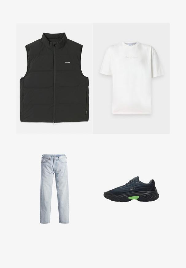 Sort puffer vest med høj krave, lynlås lukning og uden ærmer. Letvægtsstof med synlige syninger og et lille logo på brystet.; Hvid kortærmet t-shirt med rund hals og diskret kursiv tekst centreret på brystet mod en ensfarvet baggrund.; Lys blå denim jeans med lige ben, knaplukning, fem lommer og subtilt falmet tekstur. Har metal hardware detaljer.; Sort atletiksneakers med tekstureret mesh-overdel, der har en grøn accent på sålen samt en buet, gummiydersål.
