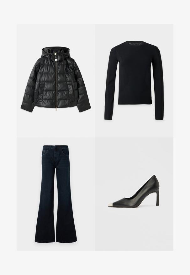 Doudoune noire avec capuche, en simili cuir. Elle présente une texture côtelée, une fermeture éclair à l'avant, des boutons-pression et deux poches latérales.; Pull noir à manches longues avec col rond, coupe slim et détails subtils de couture, présenté sur un fond clair uni.; Jean en denim bleu foncé évasés. Présente une taille haute, deux poches avant et une finition épurée sans matériel visible.; Chaussure à talon haut en cuir noir avec bout pointu et capuchon argenté métallique. Présente une finition lisse et un talon fin de 10 cm.