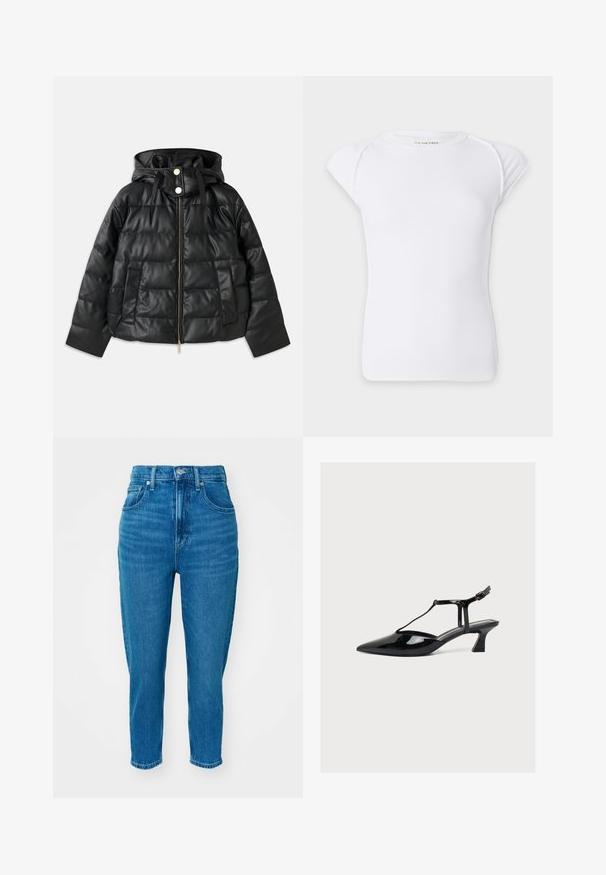 Zwarte pufferjack met een capuchon, gemaakt van kunstleer. Heeft een geribbelde textuur, een ritssluiting aan de voorkant, drukknoopsluiting en twee zijzakken.; Wit kortemouw geribbeld gebreid T-shirt met een ronde halslijn en licht oversneden schouders op een effen achtergrond.; Hoge taille blauwe spijkerbroek met een voorknop en rits, vijf-pocket ontwerp en toelopende rechte pijpen op een witte achtergrond.; Zwarte lakleren lage hak schoen met puntige neus, T-bandje en gespsluiting op een lichte neutrale achtergrond.