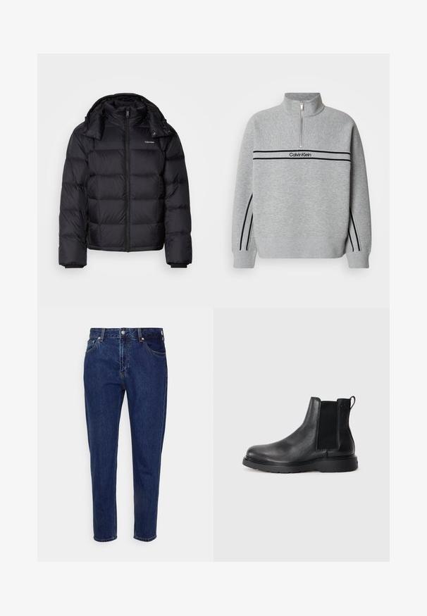 Schwarze Pufferjacke mit einem Reißverschluss vorne, kurzer Länge, gestepptem Design und hohem Kragen. Merkmale ein Logo auf der linken Brust und elastische Bündchen.; Grauer Sweatshirt mit Reißverschluss und hohem Kragen. Verfügt über schwarze Streifen und ein Logo auf der Brust. Weicher, strukturierter Stoff. Lässiges Design.; Dunkelblaue Jeans mit geradem Bein, vorderer Knopf- und Reißverschluss, Gürtelschlaufen sowie Vorder- und Gesäßtaschen.; Schwarze Leder-Chelsea-Boots mit strukturiertem Finish, elastischen seitlichen Einsätzen und einer robusten Gummisohle. Dezentes Branding an der Ferse.