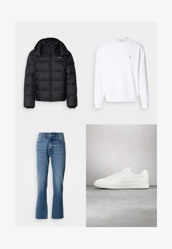 Sort pufferjakke med lynlås foran, kort længde, quiltet design og høj krave. Har et logo på venstre bryst og elastiske manchetter.; Hvid sweatshirt med lange ærmer, rund hals og ribbede manchetter. Har et lille logo i rød og beige på venstre brystområde. Glat tekstur.; Lyseblå denim jeans med lige pasform og let flare. Har fem lommer, knaplukning og subtile slidte detaljer.; Hvid lædersneaker med en glat overflade, snørelukning, logodetalje på siden og en kontrasterende hvid gummisål.