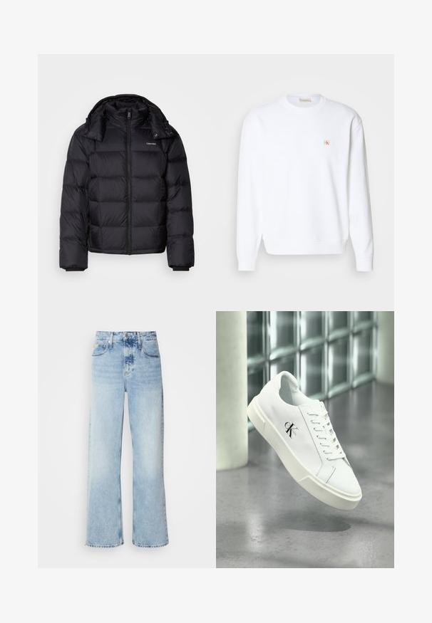 Schwarze Pufferjacke mit einem Reißverschluss vorne, kurzer Länge, gestepptem Design und hohem Kragen. Merkmale ein Logo auf der linken Brust und elastische Bündchen.; Weißes Sweatshirt mit langen Ärmeln, Rundhalsausschnitt und gerippten Bündchen. Verfügt über ein kleines Logo in Rot und Beige im Bereich der linken Brust. Glatte Textur.; Helle blaue weite Jeans mit hoher Taille, in verwaschenem Finish, mit Gürtelschlaufen und klassischem Fünf-Taschen-Design. Der Saum ist ungesäumt.; Weißer Calvin Klein Sneaker mit Schnürsenkeln, schwebend über einem polierten Betonboden und einer Glasbausteinwand im Hintergrund dargestellt.