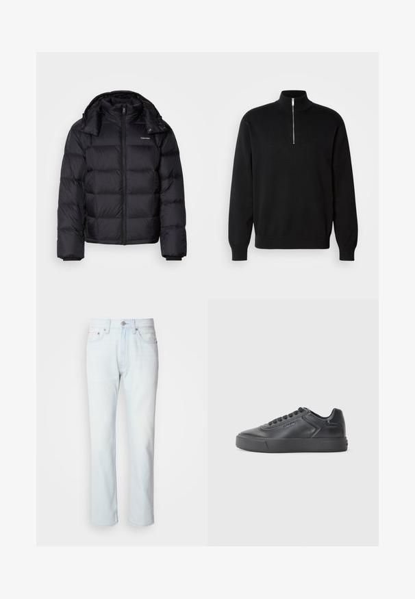 Sort pufferjakke med lynlås foran, kort længde, quiltet design og høj krave. Har et logo på venstre bryst og elastiske manchetter.; Sort zip-krave sweater lavet af glat stof med høj krave og lange ærmer, med et diskret logo på brystet.; Lyseblå denimjeans med lige ben. Har en knaplukning og bæltestropper, viser en falmet tekstur og minimal syning.; Sort lædersneaker med rund tå, flad gummisål og kontrasterende syninger. Har et logo på siden og snørebåndsdesign.