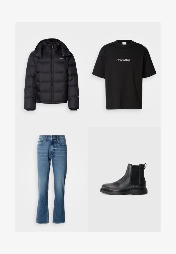 Sort pufferjakke med lynlås foran, kort længde, quiltet design og høj krave. Har et logo på venstre bryst og elastiske manchetter.; Sort bomulds T-shirt med korte ærmer, der har et hvidt "Calvin Klein" logo på fronten og en klassisk rund halsudskæring.; Lyseblå denim jeans med lige pasform og let flare. Har fem lommer, knaplukning og subtile slidte detaljer.; Sorte læder chelsea støvler med tekstureret finish, elastiske sidepaneler og en robust gummisål. Subtil branding på hælen.