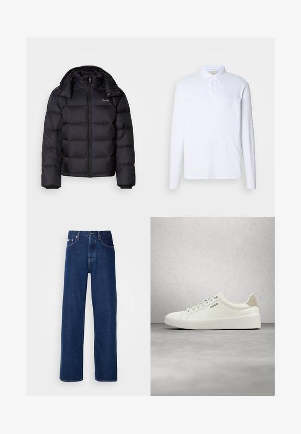 Sort pufferjakke med lynlås foran, kort længde, quiltet design og høj krave. Har et logo på venstre bryst og elastiske manchetter.; Langærmet hvid polo-shirt lavet af blødt stof, med en klassisk krave, tre knaplukninger og et diskret logo på brystet.; Mørkeblå denimjeans med et bredt ben-design, der har en knaplukning og klassisk fem-lomme styling. Stoffet har en glat tekstur.; Hvid lav sneaker med snørebånd og beige hælflap med mærket "HUGO," svævende over en poleret betonflade nær en glasblokvæg.