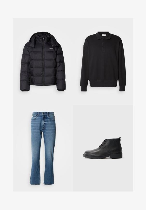Must värvi puffer-jakk, mis on lukk ees, lühikese pikkusega, tikandidega disain ja kõrge krae. Omab logo vasakul rinnal ja elastseid käeotsi.; Must have pikkade varrukatega polo-särk, sooniline tekstuur, kolme nupuga kaelus, tikandiga logo rinnal, sobivad mansetid ja serv. Pehme puuvilla segumaterjal.; Heledad sinised teksad sirge lõike ja kerge laienemisega. Omab viit taskut, nööpkinnitust ja peeneid kulumisjälgi.; Mustad mustad nahast saapad tekstureeritud viimistlusega, ümmargune varvas, paeltega eest kinni tõmmatavad ja tugevast kummist tald. Tagaküljel on väike tõmbetab.