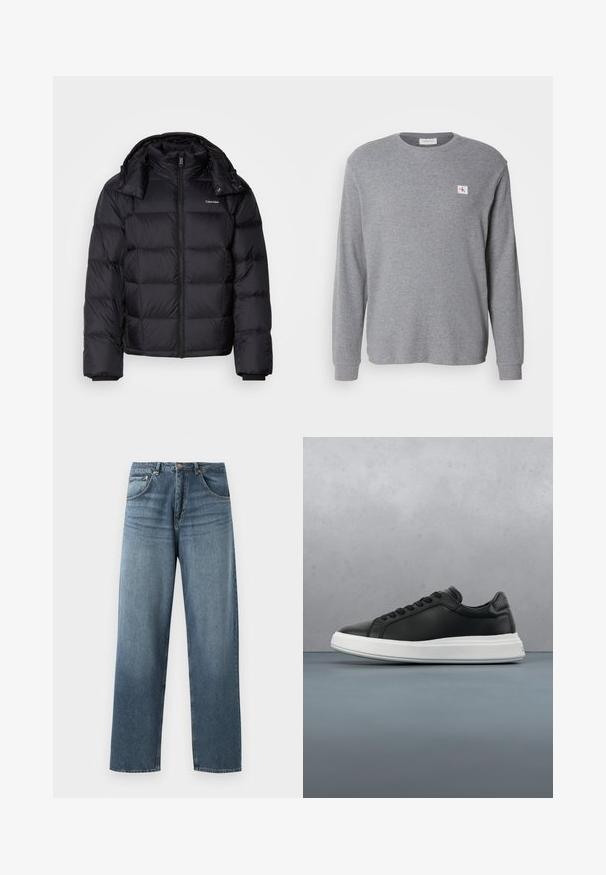 Sort pufferjakke med lynlås foran, kort længde, quiltet design og høj krave. Har et logo på venstre bryst og elastiske manchetter.; Grå langærmet sweatshirt lavet af tekstureret stof, med rund halsudskæring og lille CK-logo mærkat på den øverste venstre side.; Lige ben blå denim jeans med en falmet vask, der har fem lommers design, metallisk knap og bæltestropper. Struktureret, medium vægt stof.; Sorte lædersneakers med en glat overflade, hvid gummisål, afrundet form, seks øjer til snørebånd og diskret branding på hælen.