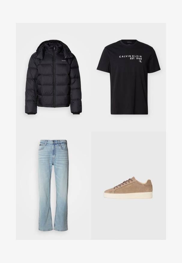 Sort pufferjakke med lynlås foran, kort længde, quiltet design og høj krave. Har et logo på venstre bryst og elastiske manchetter.; Sort T-shirt med korte ærmer med hvid tekst "CALVIN KLEIN EST. 1968" og lille "cK" logo på brystet.; Lyseblå denimjeans med lige ben, der har fem lommer, knaplukning og en subtil falmning på stoffet.; Beige suedestøvle med rund tå, cremefarvet gummisål og brune snørebånd. Har prægede mærkelogo på siden og tekstureret materiale.