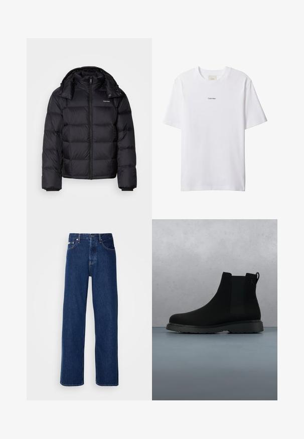 Sort pufferjakke med lynlås foran, kort længde, quiltet design og høj krave. Har et logo på venstre bryst og elastiske manchetter.; Hvid bomuld t-shirt med rund hals og korte ærmer. Har en lille sort "Calvin Klein"-logo centreret på brystet.; Mørkeblå denimjeans med et bredt ben-design, der har en knaplukning og klassisk fem-lomme styling. Stoffet har en glat tekstur.; Sort ankelstøvle lavet af glat materiale med diskrete syninger, en gummisål og et strømlinet design, placeret over en overflade med træstruktur.