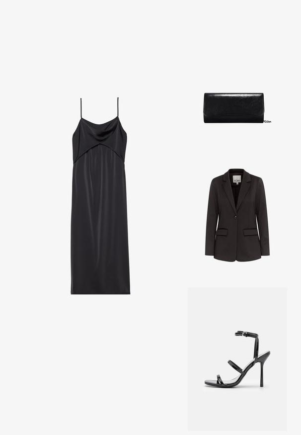 Blazer negro hecho de una tela suave con solapa muesca, dos bolsillos delanteros, cierre de un solo botón y corte entallado.; Vestido recto de satén negro con finas tirantes de spaghetti, escote drapeado y silueta recta. Textura suave y diseño minimalista.; Sandalias de tacón alto de charol negro con tres tiras horizontales y una correa en el tobillo ajustable. Silueta elegante y acabado brillante.; Clutch de cuero negro con una textura suave, forma rectangular y detalles con borde en la parte delantera. Incluye una correa de cadena desmontable.