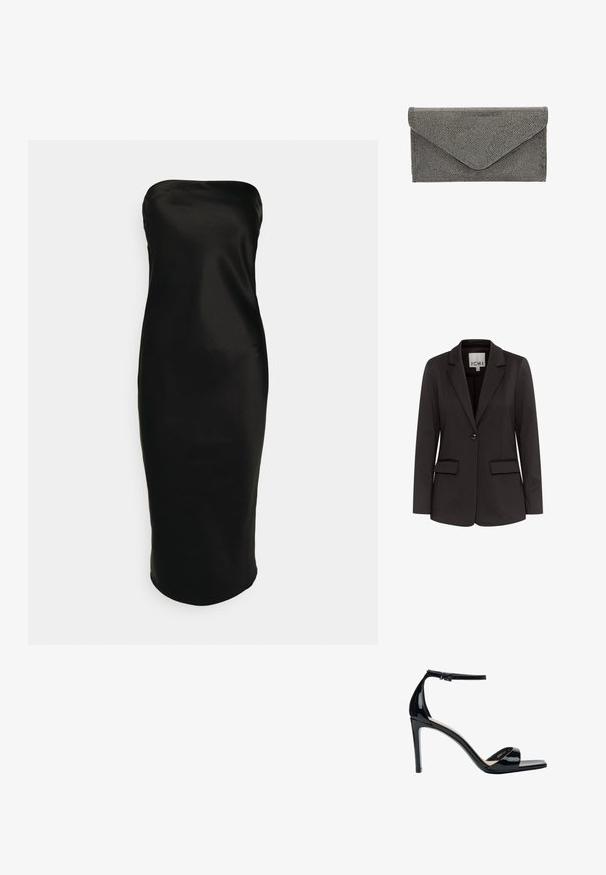 Zwarte blazer van gladde stof met een notch-lapels, twee voorzakken, enkel knoopsluiting en een getailleerde pasvorm.; Gina Tricot TUBE MIDI DRESS - Cocktailjurk - black; Zwarte lakleren sandaal met hoge hak, enkelbandje, open teen en smalle naaldhak, zijaanzicht op witte achtergrond.; Zwarte stoffen clutch met een getextureerd studpatroon en envelopsluiting, met een strakke rechthoekige vorm en zonder zichtbare hardware.