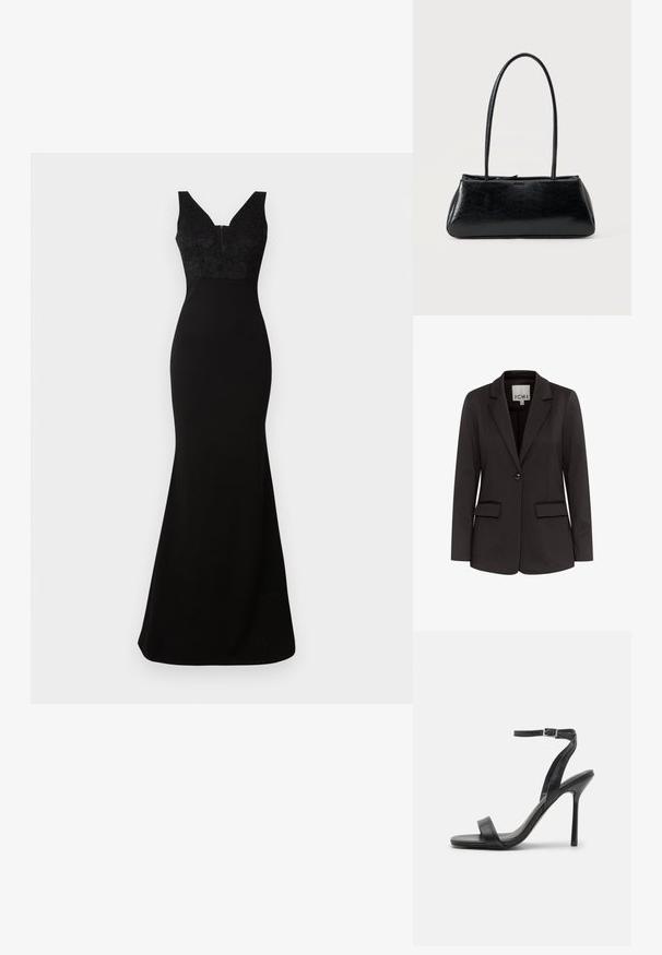 Sort blazer lavet af glat stof med spidse klapper, to forlommer, enkelt knaplukning og tætsiddende pasform.; Sort kjole med en tætsiddende silhuet, blonde bodice, V-halsudskæring og lang, flydende nederdel. Fremstillet af glat stof med en kontrasterende tekstur.; Sort højhælet sandal med en slank ankelrem og to forreste bånd. Lavet af glat læder med en slank spids tå og stilettohæl.; Sort rektangulær skuldertaske med lange tynde stropper og en glat, blank tekstur på en ensfarvet baggrund.