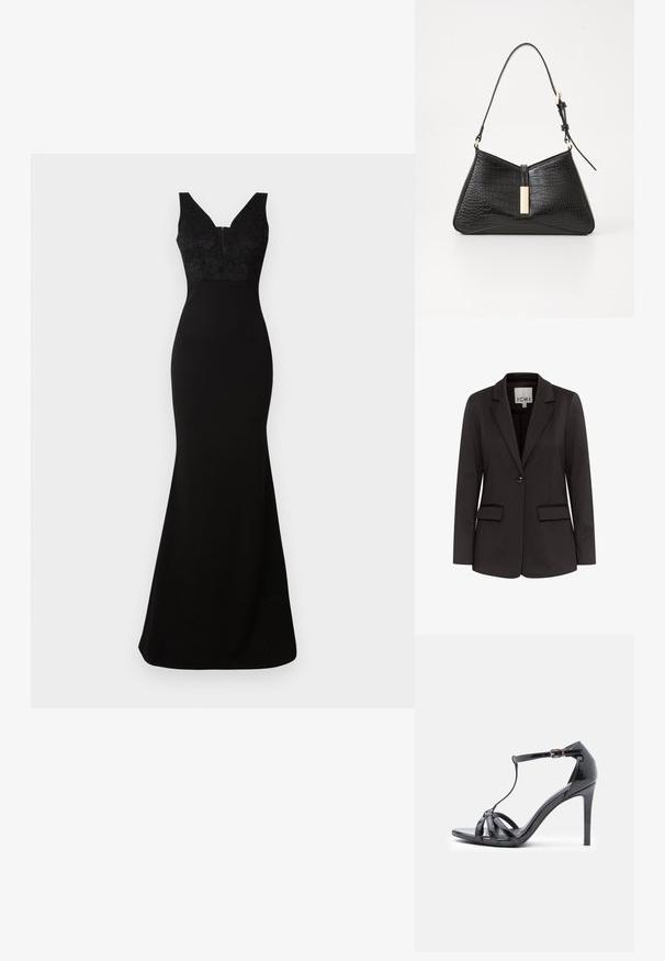 Sort blazer lavet af glat stof med spidse klapper, to forlommer, enkelt knaplukning og tætsiddende pasform.; Sort kjole med en tætsiddende silhuet, blonde bodice, V-halsudskæring og lang, flydende nederdel. Fremstillet af glat stof med en kontrasterende tekstur.; Sort patentlæder højhælede sandal med tynde stropper, T-bar design, spænde-lukning og en slank, buet silhuet.; Sort håndtaske i faux krokodillepræget materiale med en triangelform, slank skulderrem og en guldfarvet hardwaredetalje i midten.