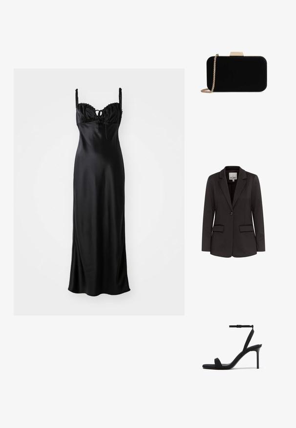 Čierny blazer vyrobený z hladkého materiálu s klopovým golierom, dvoma prednými vreckami, zapínaním na jeden gombík a prispôsobeným strihom.; Čierna saténová maxi šaty s priliehavým telom, čipkovým volánom, nastaviteľnými ramienkami a predným viazaním.; Čierna sandála na vysokom podpätku s tenkým remienkom okolo členka, štvorcovou špičkou a ihličkovým podpätkom na bielom pozadí.; Čierna zamatová listová taška so zlatým kovovým doplnkom, obdĺžnikový tvar a reťazový popruh, s hladkou textúrou a bez viditeľných vzorov.
