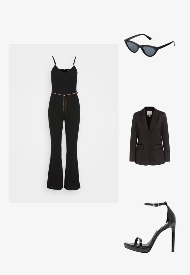 Blazer negro hecho de una tela suave con solapa muesca, dos bolsillos delanteros, cierre de un solo botón y corte entallado.; Even&Odd by Zalando Mono - black; Steve Madden MILANO - Sandalias de tacón - black; Gafas de sol negras en forma de ojo de gato con lentes gris oscuro, marco de plástico elegante, esquinas puntiagudas y patillas rectas. Sin herrajes ni acentos visibles.