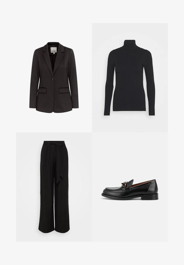 Blazer negro hecho de una tela suave con solapa muesca, dos bolsillos delanteros, cierre de un solo botón y corte entallado.; Suéter ajustado de canalé negro con cuello alto, que presenta mangas largas y una silueta ceñida. La textura es suave con un patrón de canalé horizontal.; Pantalones negros de pierna ancha hechos de una tela lisa, con cintura alta, cinturón de lazo y plisados para un aspecto más estructurado.; Mocasín de cuero negro con tacón bajo, puntera redondeada y detalle decorativo de hebilla metálica en la parte delantera.