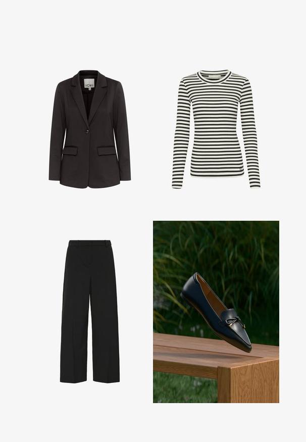 Schwarze Blazer aus glattem Stoff mit Gegenzugklappen, zwei Fronttaschen, einer Knopfschließe und taillierter Passform.; Schwarz-weiße gestreifte Langarmbluse mit gerippter Textur und rundem Halsausschnitt. Verfügt über ein kleines Logo auf der unteren Vorderseite.; Schwarze weite Hose aus glattem Stoff, mit flachem Bund, zwei seitlichen Taschen und einem maßgeschneiderten Bund für eine strukturierte Passform.; Schwarzer Lederloafer mit Schleifendetail, der über einer Holzbank schwebt, mit grünem Gras und Pflanzen im Hintergrund.