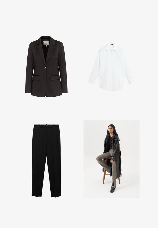 Zwarte blazer van gladde stof met een notch-lapels, twee voorzakken, enkel knoopsluiting en een getailleerde pasvorm.; Wit overhemd met lange mouwen en knopen, met klassieke kraag en manchetten, plat gelegen op een witte achtergrond.; Zwarte op maat gemaakte broek met een recht model, met voorplooien, een gladde textuur en een standaard tailleband met riemlussen.; Zwarte leren trenchcoat met knopen en riemdetails, gecombineerd met lichtbruine getailleerde broek en zwarte loafers, zittend op een houten kruk.