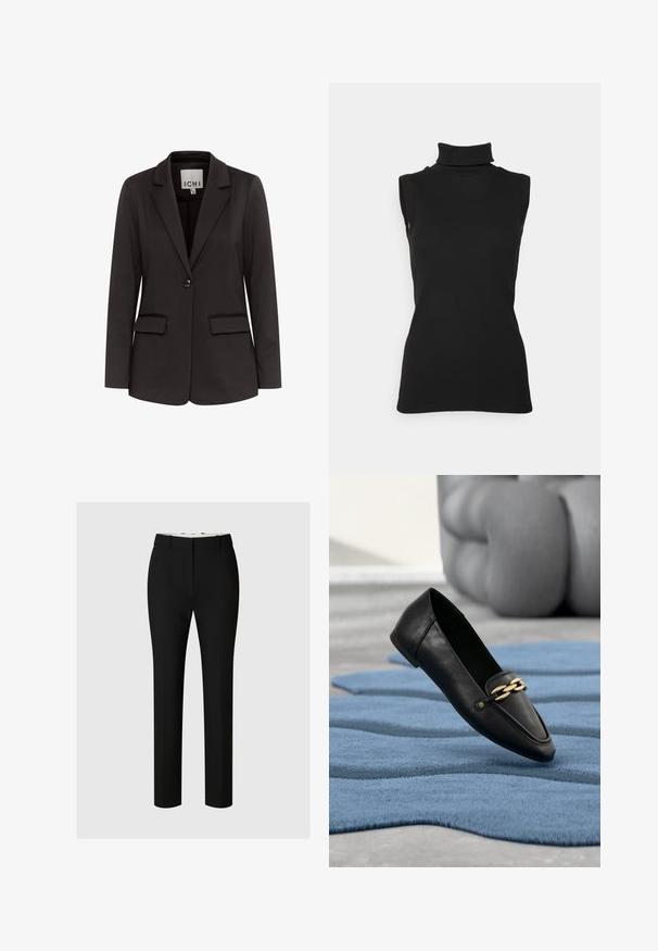 Sort blazer lavet af glat stof med spidse klapper, to forlommer, enkelt knaplukning og tætsiddende pasform.; Sort ærmeløs turtleneck top lavet af ribbet stof, med høj hals og tætsiddende silhuet. Glat tekstur med minimal detaljering.; Sorte skræddersyede bukser lavet af glat stof, med lige ben, bæltestropper og minimal synlig syning.; Sort læderloafer med guldkæde-detalje, der hviler på en blåt tekstureret tæppe, med en sløret grå stol i baggrunden.