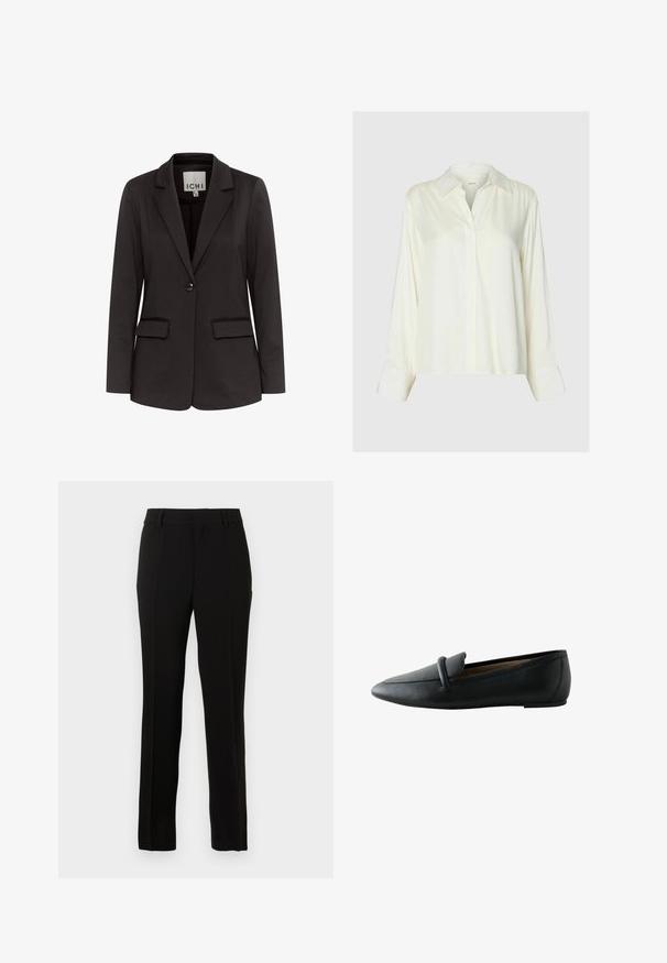 Čierny blazer vyrobený z hladkého materiálu s klopovým golierom, dvoma prednými vreckami, zapínaním na jeden gombík a prispôsobeným strihom.; Biela saténová blúzka s dlhým rukávom, klasickým golierom a skrytým zapínaním na gombíky, zobrazená na jednofarebnom svetlošedom pozadí.; Čierne nohavice strihané na mieru, vyrobené z hladkej tkaniny, s rovnými nohavicami, skladmi, pásovými okami a zipsom na uzatváranie.; Čierny kožený nízky mokasín s zaoblenou špičkou a remienkom cez hornú časť, zobrazený z boku.