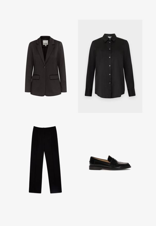 Čierny blazer vyrobený z hladkého materiálu s klopovým golierom, dvoma prednými vreckami, zapínaním na jeden gombík a prispôsobeným strihom.; Čierna košeľa s dlhým rukávom na gombíky, so špicatým golierom a siedmimi gombíkmi, zobrazená na svetlosivom pozadí.; Čierne nohavice na mieru vyrobené z tkaniny. Majú rovný strih, dva predné záhyby a hladkú, matnú textúru.; Čierne kožené mokasíny s hladkým povrchom, zaoblenou špičkou a ozdobným pásikom cez prednú časť. Dizajn s nízkym blokovým podpätkom.
