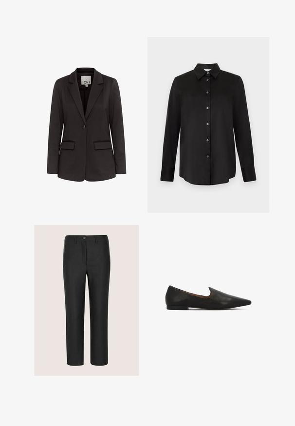 Zwarte blazer van gladde stof met een notch-lapels, twee voorzakken, enkel knoopsluiting en een getailleerde pasvorm.; Zwart overhemd met lange mouwen, knoopsluiting, puntige kraag en zeven knopen, weergegeven op een lichtgrijze achtergrond.; Zwarte, op maat gemaakte broek met een gladde textuur, rechte snit, enkele knoopsluiting en voorzakken. Geen zichtbare patronen of accenten.; Zwarte leren ballerina's met een puntige neus, een lage, getextureerde hak en een strakke uitsnede rond de wreef voor makkelijk aan- en uittrekken.
