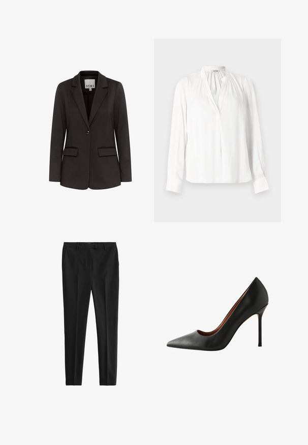 Blazer negro hecho de una tela suave con solapa muesca, dos bolsillos delanteros, cierre de un solo botón y corte entallado.; Blusa blanca de manga larga con cuello alto, pliegues fruncidos cerca del escote y tapeta de botones frontal oculta.; Pantalones negros a medida hechos de una tela suave. Presentan un frente plano, bolsillos laterales y un diseño ajustado. Estilo limpio y minimalista.; Zapato de tacón alto de cuero negro con puntera afilada y silueta elegante. Las características incluyen una textura lisa y un esbelto tacón de aguja.